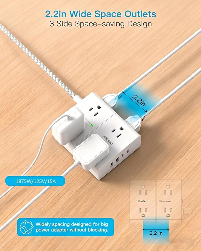 10 Ft Flat Plug Extension Cord with Multiple Outlets, Surge Protector Power Strip 10 Ft Long Cord, 8 Outlet 4 USB Ports (2 USB C), Multi Outlet Wall Plug for Office, College, Dorm Room Essentials