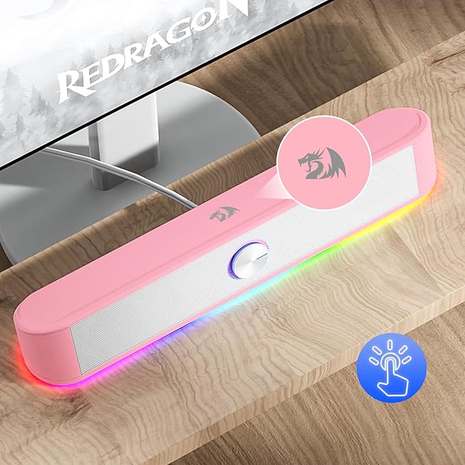 Redragon GS560 RGB Desktop Soundbar, 2.0 Channel Computer Speaker with Dynamic Lighting Bar Audio-Light Sync/Display, Touch-Control Backlit with Volume Knob, USB Powered w/ 3.5mm Cable, Pink