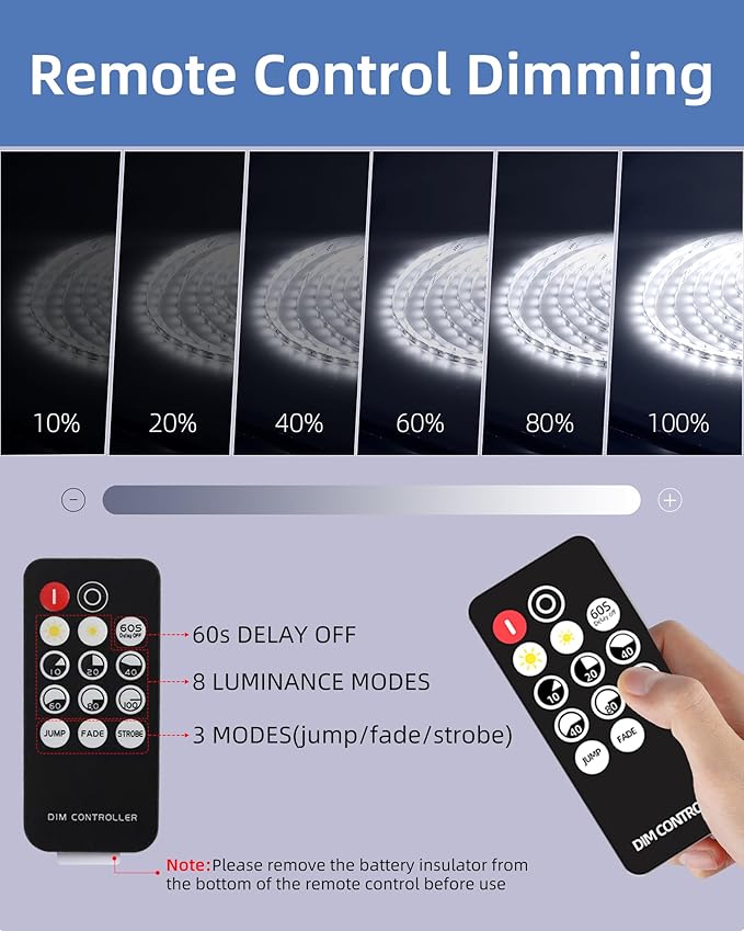 66ft LED Strip Lights with Remote, 6500K Daylight White Dimmable Tape Lights, 12V 1200 LEDs 2835 Strong Adhesive Rope Lights for Cabinet Kitchen Ceiling Closet Vanity Mirror Stairway Basement