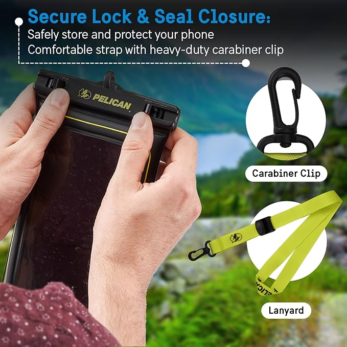 Pelican 2 Pack Marine - IP68 Waterproof Phone Pouch (XL Size) Floating Waterproof Phone Case - Beach Cruise Ship Travel Essentials - Works with All Phones - Detachable Lanyard - Black/Hi-Vis Yellow