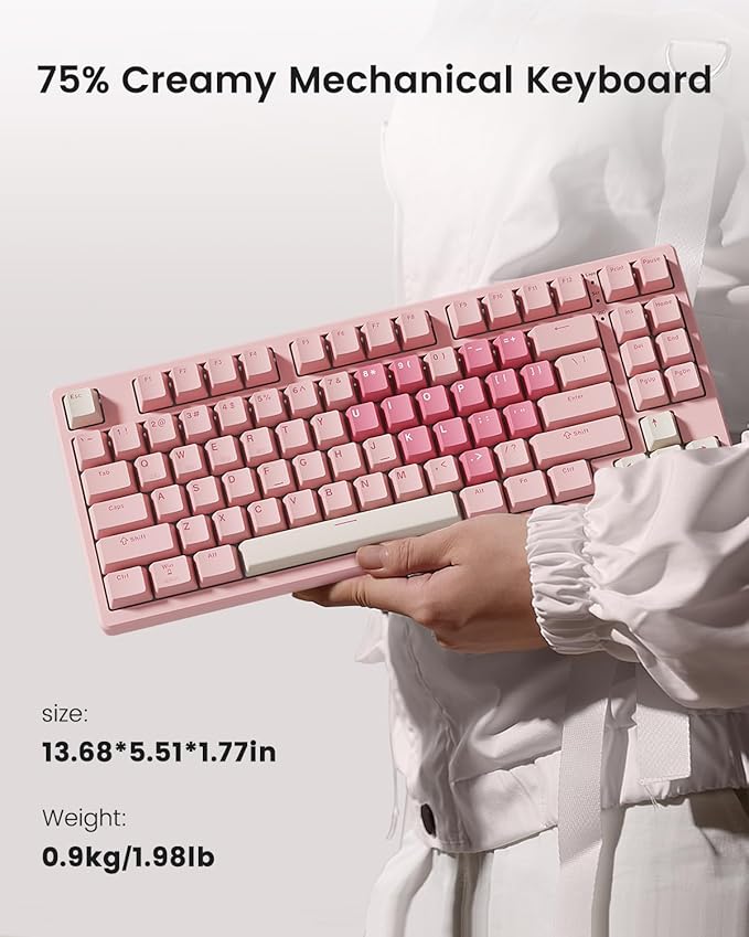 Kisnt KN85 Wireless Mechanical Gaming Keyboard, 75% Layout with RGB Backlit, Custom Hot Swappable, Creamy Sound, Bluetooth/2.4GHz/USB-C Compatible with Windows/Mac/PC (Rose Pink, Linear Switch)