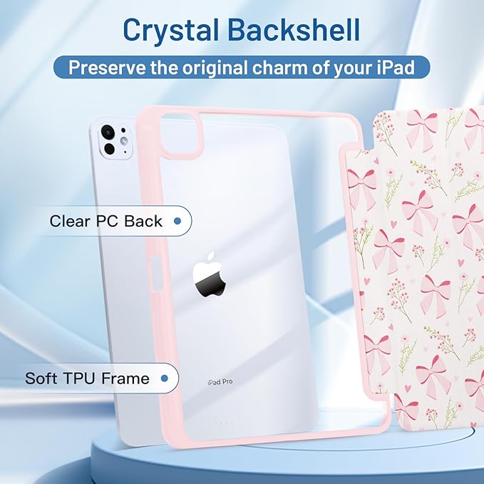 MrARTIST for for iPad Pro 11 Inch Case (M5/M4) 2025/2024 6th/5th Generation Case Cute for Women Girls Girly Kawaii Aesthetic Design for Apple Tablet Cover with Pencil Holder, Bow Flowers