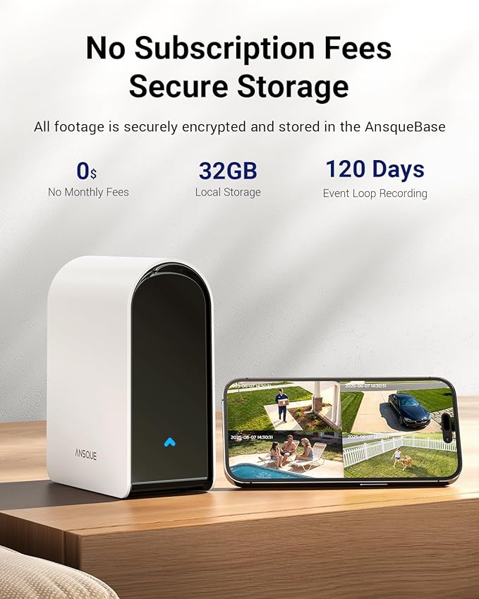 ANSQUE Security Cameras Wireless Outdoor Home System, 2 Camera Kit, No Subscription Fees, Solar Powered, Local Storage, 365-Day Battery Life, 360°PTZ Surveillance, Auto Tracking, 2K Color Night Vision