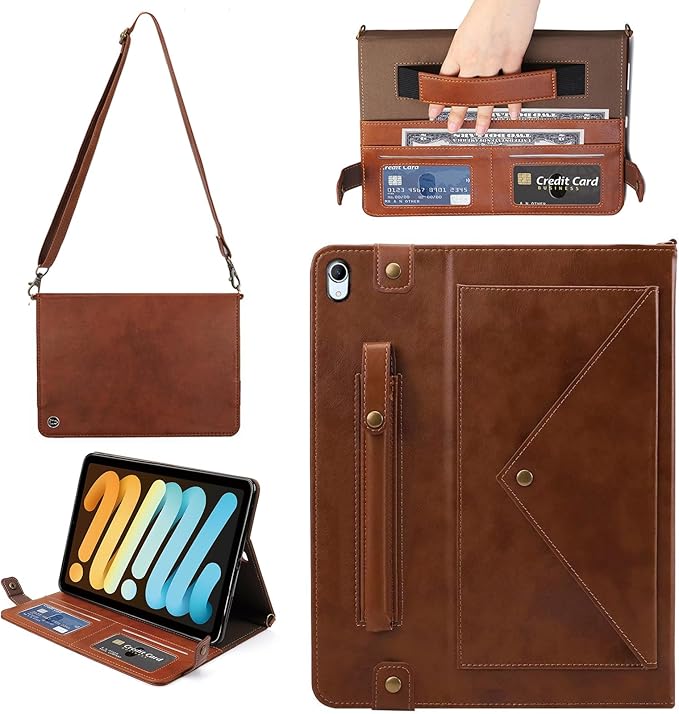 Handbag Case for iPad mini 7 2024 8.3" / Mini 6 2021, Techcircle Folio Stand PU Leather Crossbody iPad mini Cover with Hand Strap+Shoulder Strap, Multi-Card Slots Envelope Pocket Wallet Case, Coffee