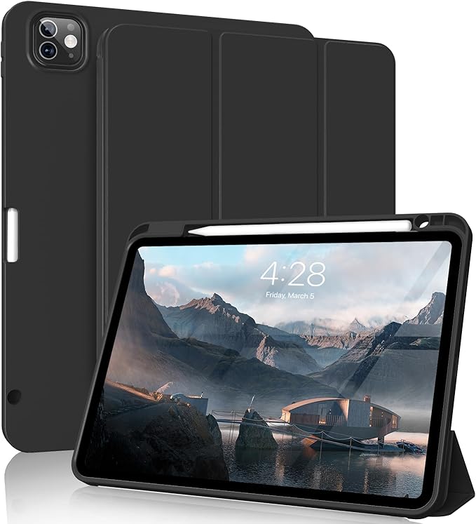 for iPad Pro 12.9 Case (6th/5th/4th/3rd Generation 2022/2021/2020) & ipad Air 13 inch case (M3 2025/M2 2024) with Pencil Holder, Smart Slim Trifold Stand Case with Soft TPU Back (Black)