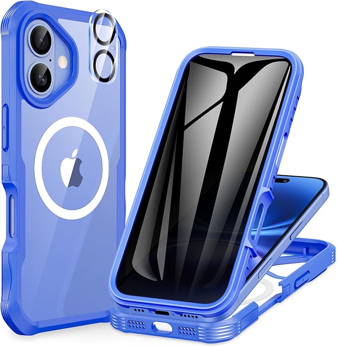 CENHUFO Magnetic Privacy for iPhone 16 Plus Case [Compatible with Magsafe] Full Body Phone Case Built-in 9H Tempered Glass Privacy Screen Protector and Camera Lens Cover, Shockproof Bumper -Light blue