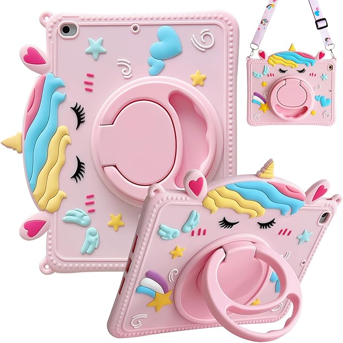 Kids Case for Apple iPad A16 11" 11th 10th Gen 10.9" 2025 2022, Cute Design EVA Kickstand Heavy Duty Shockproof Kids Friendly Bumper Case with Shoulder Strap Cover for iPad 11th 10th Gen, Pink Unicorn