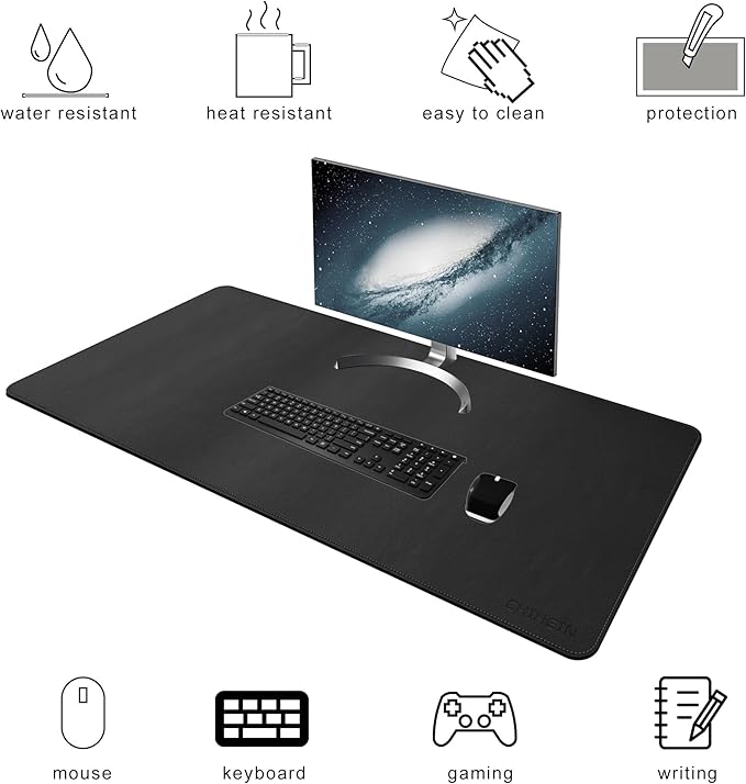 Chihein 55” x 20” Cork & PU Leather Desk Mat (Black) - Huge Mouse Pad, Double Sided Waterproof Desk Pad Protector for Gaming, Office, Home