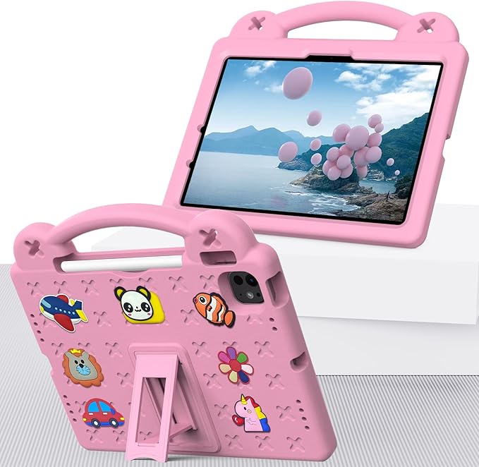 for Apple iPad Pro 11 Inch Kids Case (M5/M4) 2025/2024 with Pencil Holder/Kickstand/Handle Stand Slim Lightweight Cute DIY Soft EVA Shockproof Rugged Silicone Girls Boys Cover, Pink Bear