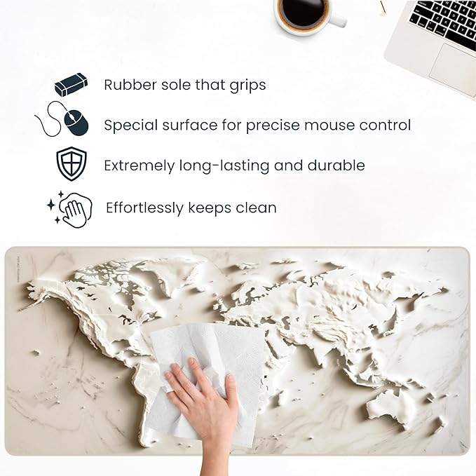 White Marble World Map Desk Pad – Large Mouse Mat for Keyboard and Mouse, Topographic Non-Slip Surface for Desktop