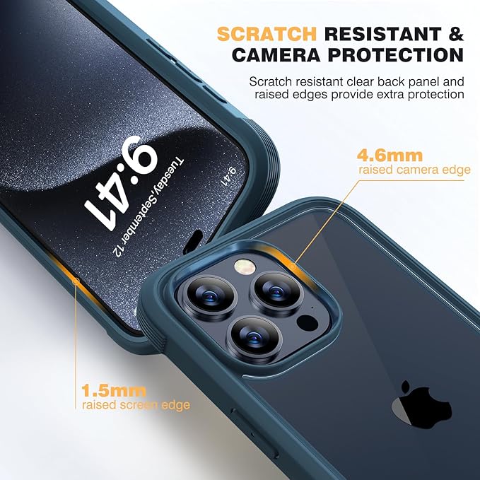 Diaclara Designed for iPhone 15 Pro Case, [Military-Grade Drop Proof] Full-Body Bump Case with Built-in Shockproof Screen Protector, [Camera Lens Protector] Cover for iPhone 15 Pro 6.1"(Deep Blue)