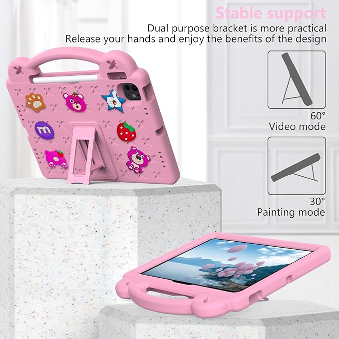 Dteck iPad Air 13"/Pro 13" 2024 M4/Pro 12.9 6th/5th/4th/3rd Gen Case - Strawberry Panda Shockproof Rugged Lightweight Convertible Stand With Handles, Kids Friendly, Pink