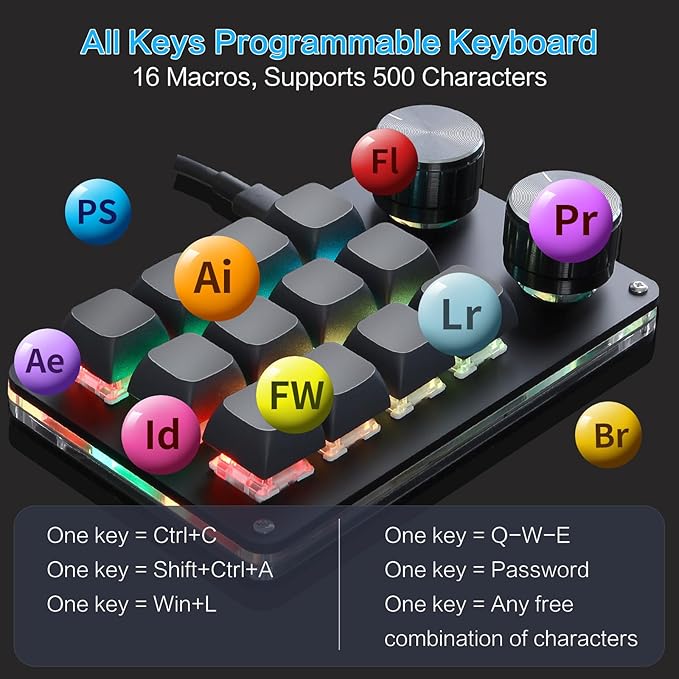 Koolertron Macro Programmable Keypad, One Handed Programmable Mechanical Keyboard, RGB Blue Switch Hot Swappable, 12 Keys 2 Knob Backlit Keypad for Working and Gaming, Black