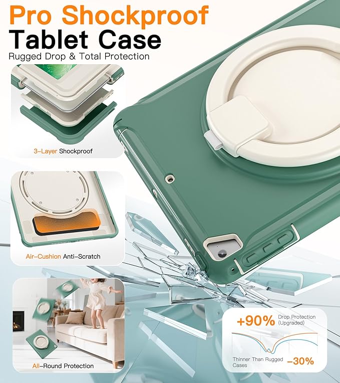 BATYUE Case for iPad 6th Generation 9.7 inch 2018, iPad 5th Gen 2017, iPad Air 2/ iPad Pro 9.7'',Shockproof Protective Cover with Pencil Holder &Rotating Kickstand,for Kids,Boys,Girls (Emerald Green)