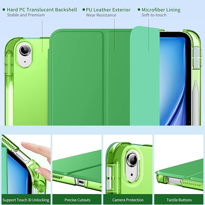 MoKo for iPad Air 11 inch Case (M4/M3/M2) 2026/2025/2024, iPad Air 5th/4th Gen 10.9 inch Case 2022/2020 with Pencil Holder, Slim Light Trifold Cover with Hard PC Translucent Back Shell, Forest Green