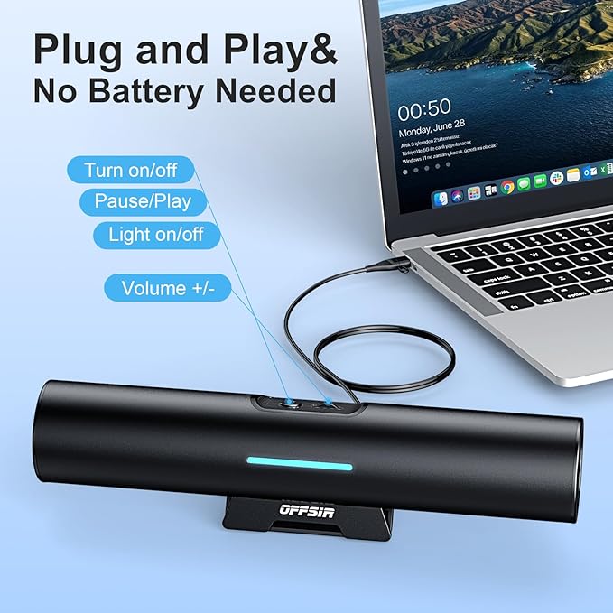 Computer Speakers for Desktop PC Monitor, USB or Type C Plug-in Soundbar, Clip-On Speaker, Wired Laptop Gaming Speakers with Volume Wheel & One-Touch Mute, Compatible with Mac Windows iPhone iPad