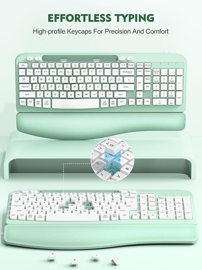 Ergonomic Wireless Keyboard with Cushioned Wrist Rest, Wave Keys, Phone Holder, Comfortable Natural Typing, 2.4GHz Full Size Cordless USB Computer Keyboard for Windows, Mac OS, Laptop, PC (Mint Green)