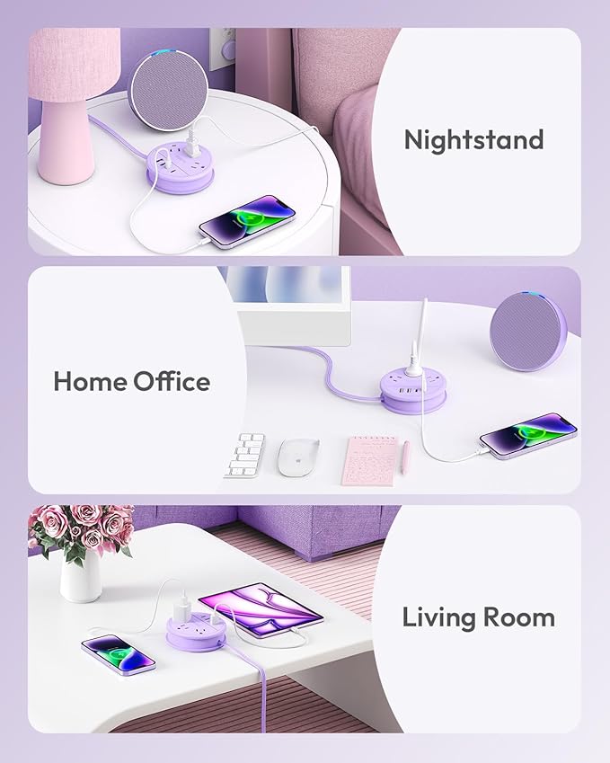NTONPOWER Purple Travel Power Strip with 3 AC Outlet 4 USB(2 USB C), Dorm Room Essentials 4FT Flat Extension Cord, Purple Desk Accessories Compact fo for Hotel Travel Cruise Essentials