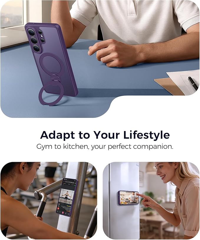 FNTCASE for Samsung Galaxy S26-Ultra Case: [360 Spin Magnetic Stand] [Compatible with Magsafe] [Screen Protector] Translucent Matte Military Grade Shockproof Full Camera Protective Phone Cover -Purple