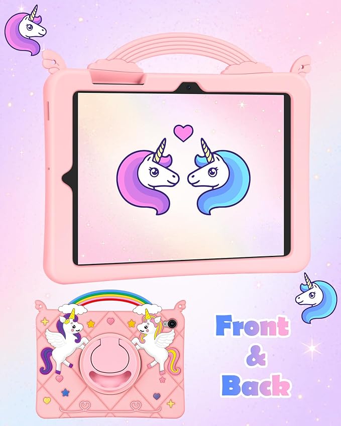 Uppuppy for Galaxy Tab S10 FE 5G Case/Tab S9 FE Case - Cute Cartoon Kawaii Unicorn Teen Girls Women Tablet Cover with Rotating Stand & Strap Soft Silicone Funda for Samsung Tab S9FE/S10FE 10.9 Inch