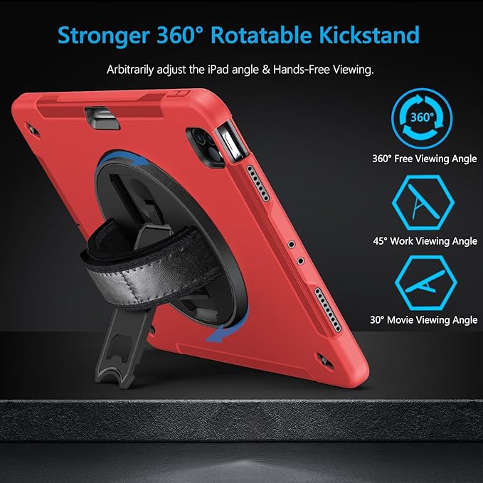 Miesherk Case for iPad Pro 12.9 Inch 6th/5th/4th Generation, Military Grade Heavy Duty Shockproof iPad Pro 12.9 Case - Rotating Stand, Pencil Holder, Hand/Shoulder Strap,Black+Red