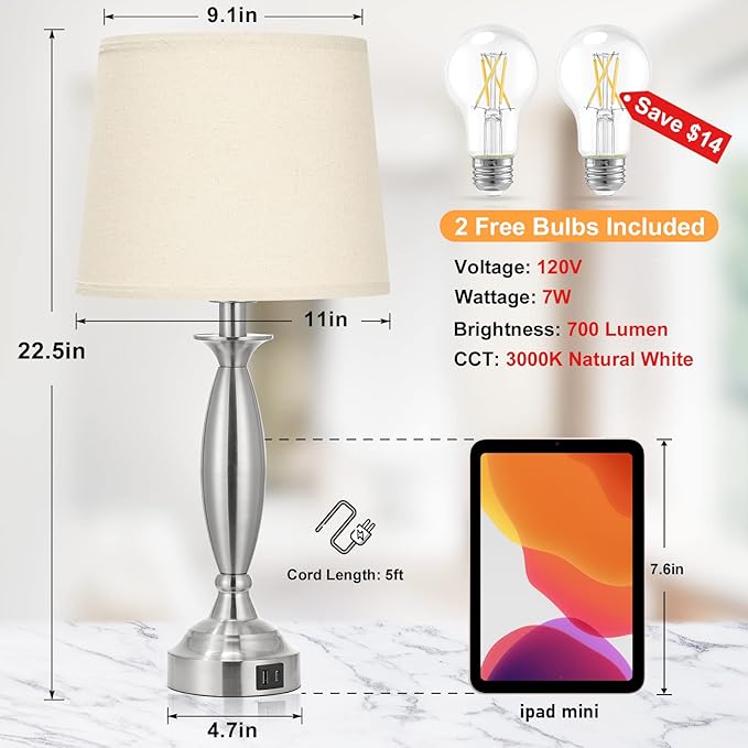 Seealle Beige Lamps for Bedrooms Set of 2 - Touch Control Bedside Lamp with USB C+A, 3 Way Dimmable Nightstand Lamps with USB Port, Table Lamp for Living Room(Beige Shade and Nickel Base)