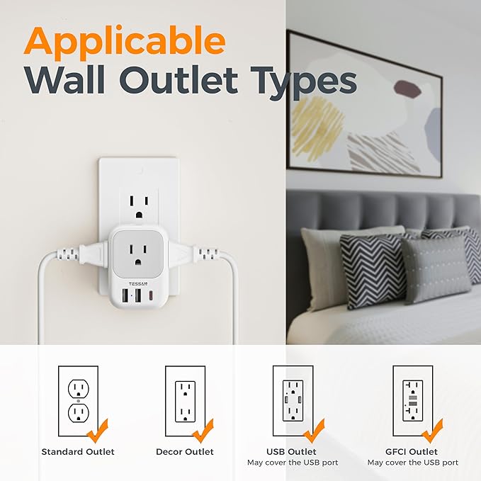 USB Wall Charger, Wall Plug Adapter Outlet Extender, TESSAN 3 Charger Block (1 USB C Port), Multi Charging Station for Cruise, Bathroom, Office, Dorm Essentials