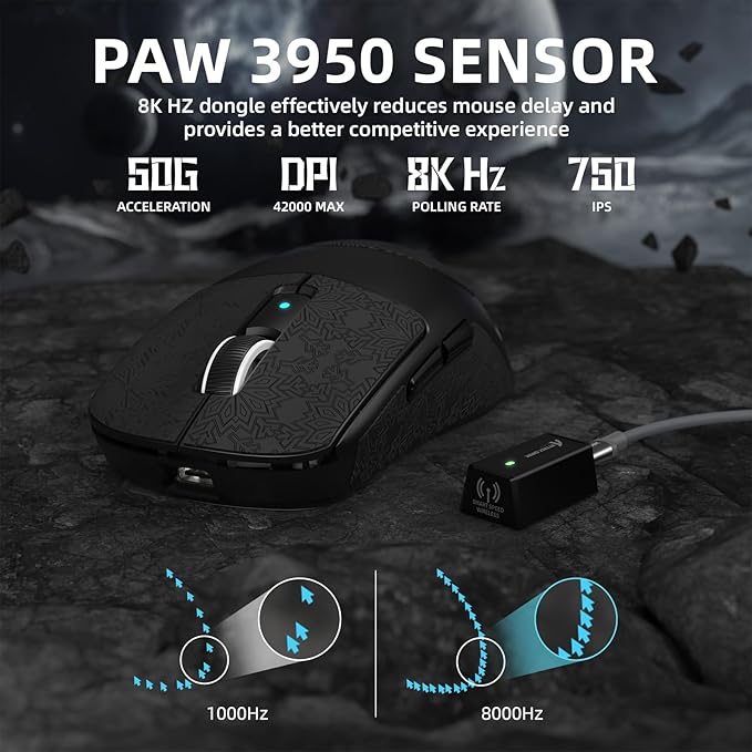 ATTACK SHARK R6 39g Superlight Wireless Gaming Mouse,PixArt PAW3950MAX 42000 DPI,MCU Nodic 52840 Computer Mouse,8K Polling Rate Web Driver,BT/2.4Ghz/Wired Tri-Mode Mice with Coiled Cable-Black&Tape