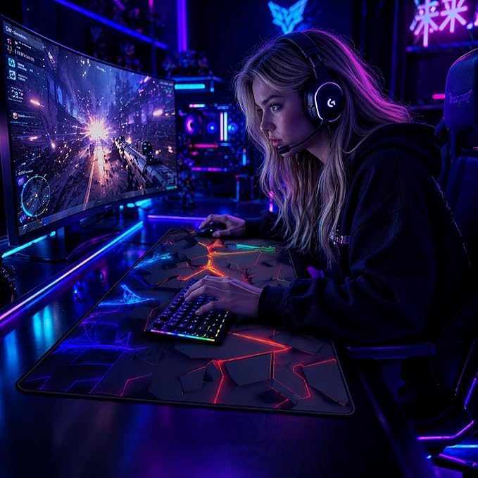 3D Neon Geometric Gaming Mouse Pad – Blacklight Large Extended Glow in the Dark Waterproof E-Sports Desk Mat with Non-Slip Base for Gamers & Office - 31.5" x 11.8"