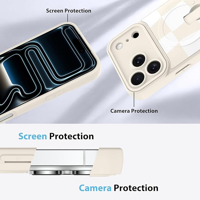 KANGHAR Compatible with iPhone 17 Pro Max Case, Support for MagSafe, Silicone Checkered Cute Pattern, Wristband Kickstand Camera Protection Soft Slim Cover for Girls Women -White