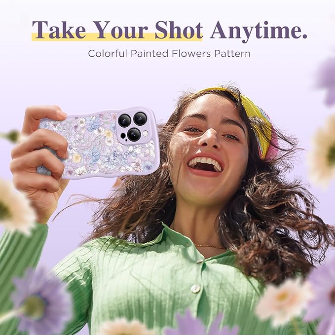 GVIEWIN for iPhone 16 Pro Max Case Compatible with MagSafe [Curly Wave Edge][Full Camera Protection] Floral Translucent Shockproof Magnetic Women Phone Case for 16 Pro Max, Apricot Blossom/Purple
