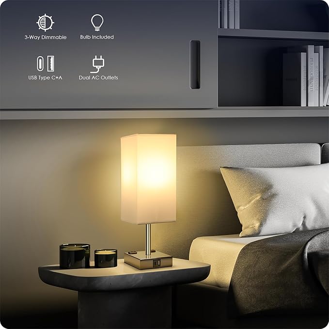 Set of 2 Bedside Table Lamp 3 Way Dimmable Nightstand Lamp with USB C & USB A Charging Port, 2 AC Outlets, 3000K LED Bulbs (White)