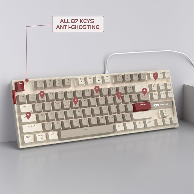 MageGee 75% Mechanical Gaming Keyboard, Brown Switch, LED White Backlit, 87 Keys Compact TKL Wired Computer Keyboards for Windows Laptop PC Gamer - Retro Grey/White
