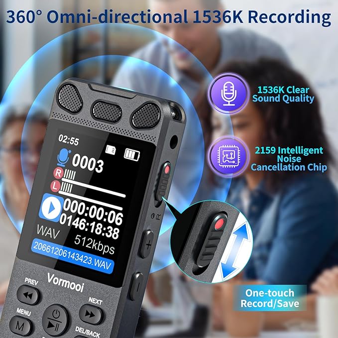 160GB Digital Voice Recorder with Playback - 110 Hours Ultra-Long Continuous Recording, Vormooi 1536Kbps Voice Activated Audio Recorder with External Microphone for Lecture Interview Meeting