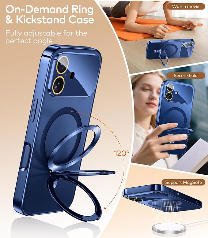 TOBOVON Magnetic for iPhone 17 Case with Ring Stand, Fits MagSafe, with Built-in Camera Lens Protector, Slim Electroplated Shockproof Phone Cover, Blue