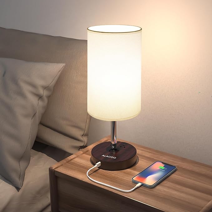 Small Bedside Table Lamp for Bedroom - 3 Way Dimmable Touch Lamp with USB Charging Station and AC Outlet, Wood Base & Fabric Linen Lampshade for Office, Living Room, Dorm, Brown-White, (LED Included)
