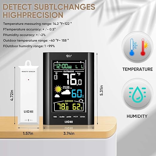 Weather Station Wireless Indoor Outdoor Thermometer， Inside Outside Temperature Humidity Monitor，with 330ft Range Sensor and Adjustable Backlight (Black)