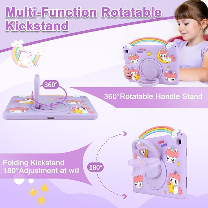 HianDier for Samsung Galaxy Tab A9 Plus Case Kids Girls Cute Unicorn for Galaxy A9+ Plus Tablet Case with Rainbow Handle and Detachable Lanyard Rotatable Kickstand Shockproof Protective Case-Purple