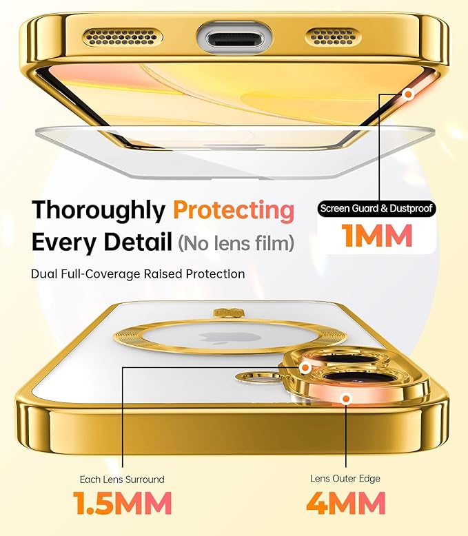 Meifigno Case Designed for iPhone 16 6.1 inch, [Compatible with MagSafe] [2X Screen Protectors] [Glitter Card & Wrist Strap] Surround Lens Protection Designed for iPhone 16 Case Girls, Gold