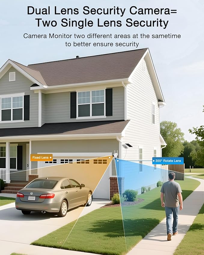ANRAN Dual-Lens Solar Security Camera, 3MP Wireless Outdoor Camera for Home Security, 100% Wire-Free with Solar Panel, Color Night Vision, Motion Detection, 2.4GHz WiFi, IP66 Weatherproof