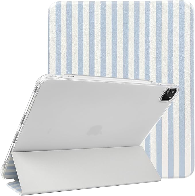 Lovmooful Compatible for iPad Pro 11-Inch,2022/2021/2020/2018 Model(4th/3rd/2nd/1st Generation) Case with Pencil Holder Cute Striped with Aesthetic Design Soft TPU Trifold Stand Protective-Blue&White