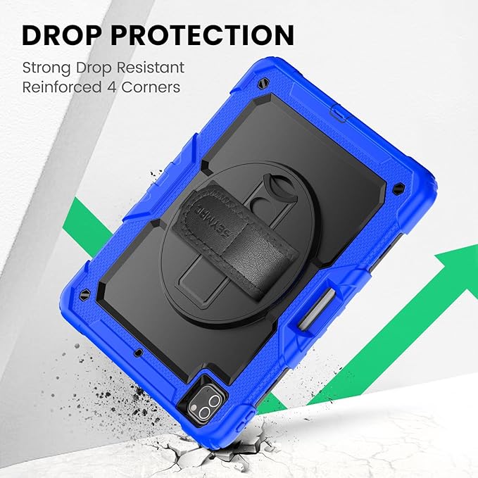 SEYMAC Case for iPad Pro 12.9 2022/2021/ 2020/2018, Heavy Duty Protection Shockproof Case with Screen Protector, 360° Rotating Stand/Handle/Shoulder Strap, Supports Pencil 2 Charging, Blue