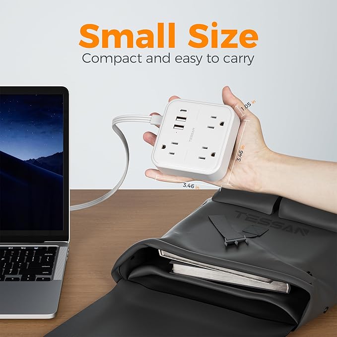 TESSAN Ultra Thin Flat Extension Cord 5 FT, Slim Power Strip with USB Ports (1 USB C), Surge Protector Flat Plug Wall Charger with 3 Outlets for Office, School, Dorm Room Essentials, White