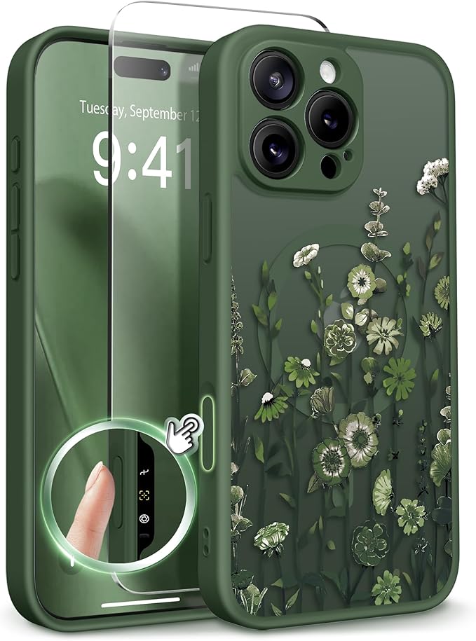 GVIEWIN for iPhone 16 Pro Max Case Compatible with MagSafe, [Military Grade Protection] [Screen Protector] Full Camera Protection Floral Translucent Women Magnetic Phone Case, Floratopia/Forest Green