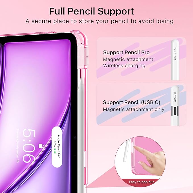 MoKo for iPad Air 11 inch Case (M4/M3/M2) 2026/2025/2024, iPad Air 5th/4th Gen 10.9 inch Case 2022/2020 with Pencil Holder, Slim Trifold Cover with Hard PC Translucent Back Shell, Peony