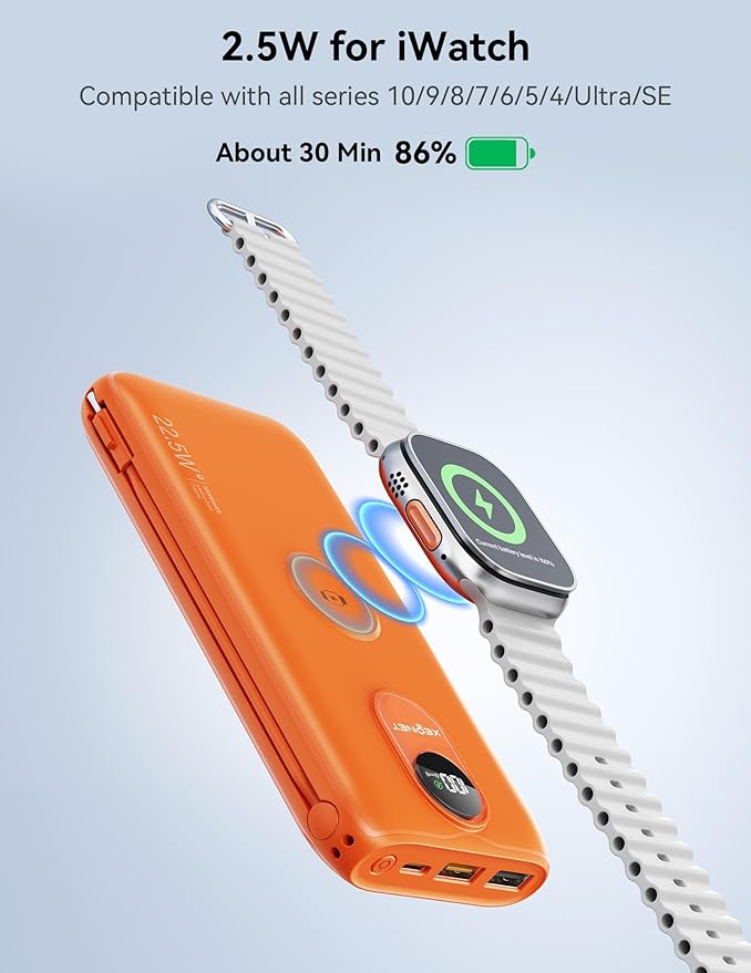 Portable Charger, 10000mAh 22.5W Power Bank Fast Charging with Wall Plug, Built-in Cables, LED Display, Compact Lightweight USB C Travel Battery Pack for iPhone 17/16, Android Cell Phone, Pad, iWatch