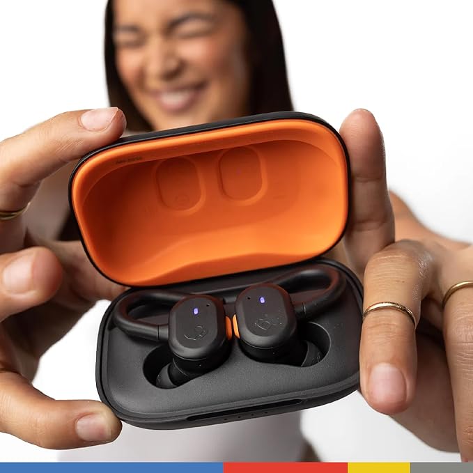 Skullcandy Push Active Wireless Earbuds, Bluetooth Headphones, Noise Isolating, 44 Hrs Battery, Secure-Fit Over-Ear Hanger, Sweat and Water Resistant, Microphone for iPhone Android - True Black/Orange