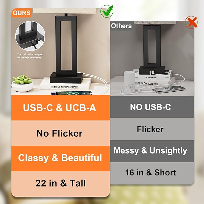 Seealle 22" Tall Living Room Lamps for Night Stands - Touch Bedside Lamp with USB C+A, 3 Way Dimmable Bedroom Lamps for End Tables Set of 2, Modern Night Stand Lamps for Bed Side(Beige&Black)