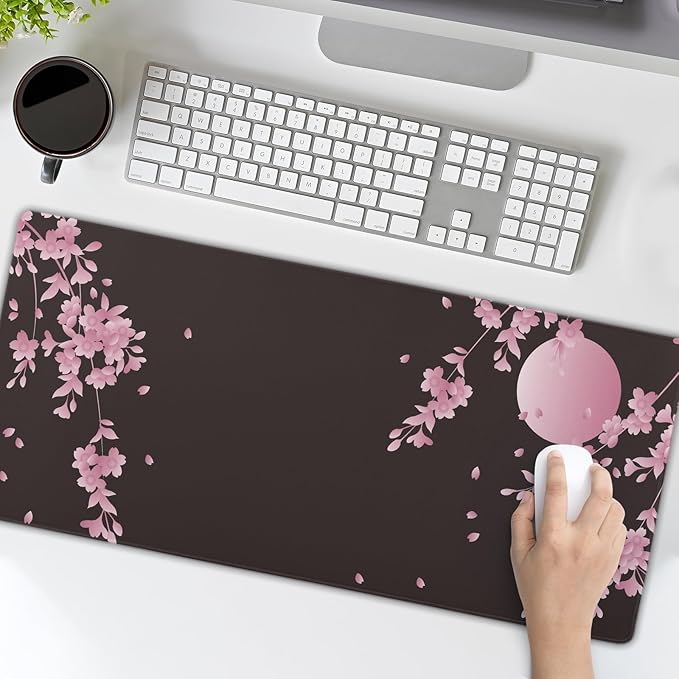 Sakura Cherry Blossom Extended Gaming Mouse Pad Non-Slip Rubber Base Pink Large Mousepad 31.5x11.8in with Stitched Edge Waterproof Flower Keyboard Pads Black Desk Laptop Mats for Work/Game/Office