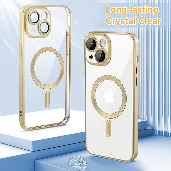 Hython Magnetic Clear for iPhone 14 Case with Camera Lens Protector [Compatible with MagSafe] Luxury Plating Edge Slim Soft TPU Cover Protective Phone Case for iPhone 14 6.1", Matte Gold